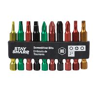 2" Assorted Color Coded Bit Clip Square Recess, Phillips, Torx (10 Pc Multipack) Industrial Screwdriver Bit Recyclable 